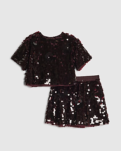 Girls Red Sequin Flower Top & Skirt Set