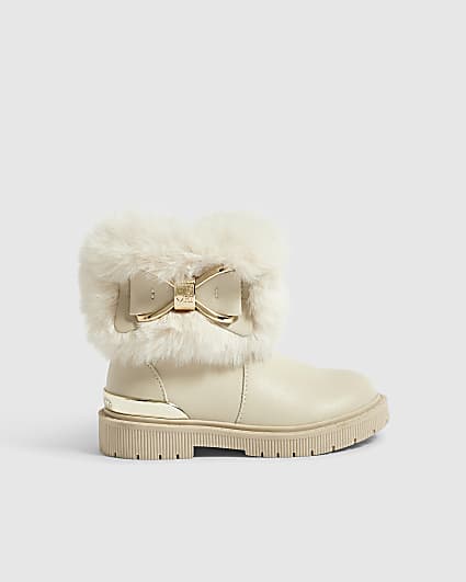 Mini Girls Cream Faux Fur Cuff Boots
