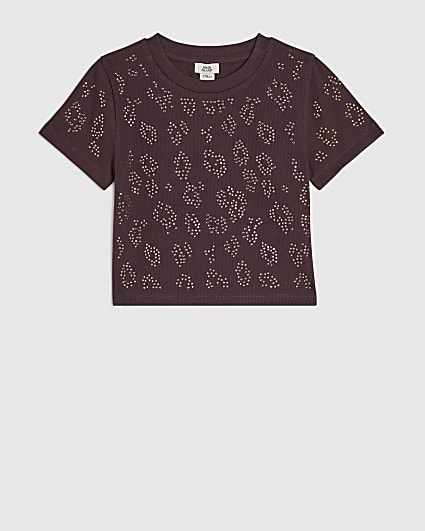 Girls Brown Diamante Leopard Print T-Shirt