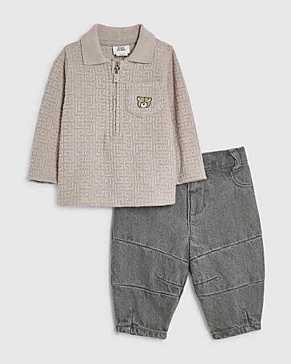 Baby Boys Beige Jacquard Polo And Jeans Set
