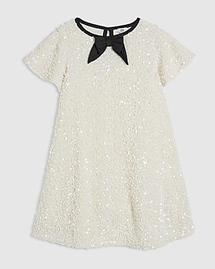 Girls Cream Sequin Bow Dress
