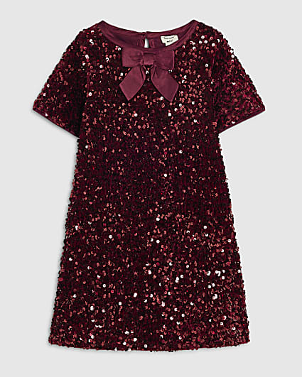 Mini Girls Red Sequin Bow Dress