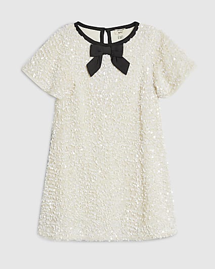 Mini Girls Cream Sequin Bow Dress