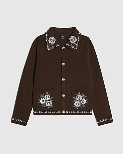 Girls Brown Knit Beaded Collar Cardigan