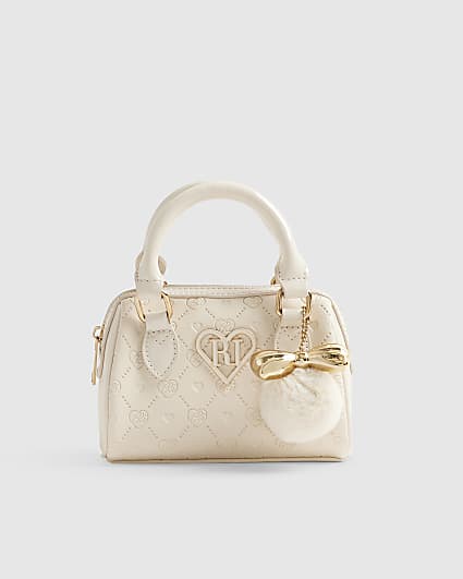 Girls Cream Monogram Heart Bowler Bag