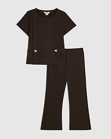 Mini Girls Brown Ponte Flared Trousers Set