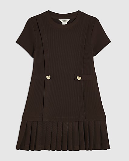 Mini Girls Brown Ponte Pleated Hem Dress