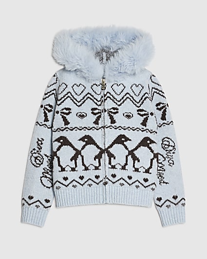 Girls Blue Faux Fur Hooded Zip Cardigan