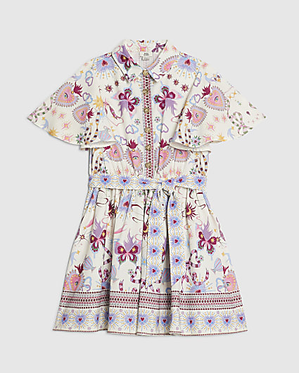 Girls Cream Butterfly All Over Print Dress