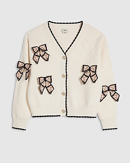 Girls Cream Knit 3D Check Bow Cardigan