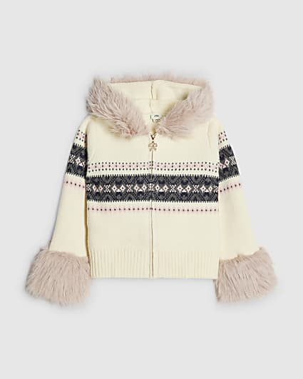 Girls Cream Fairisle Faux Fur Hooded Cardigan