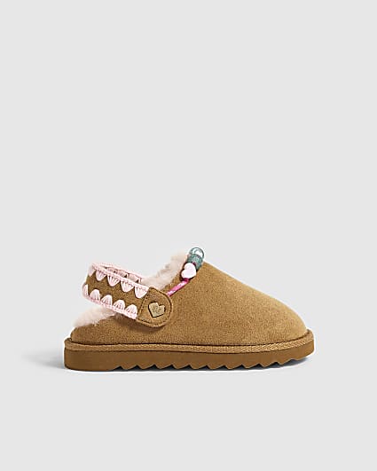 Girls Brown Beaded Thin Sole Slippers