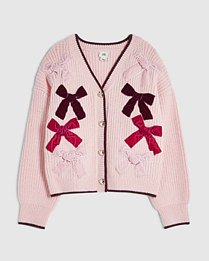 Girls Pink Velvet Bow Cardigan