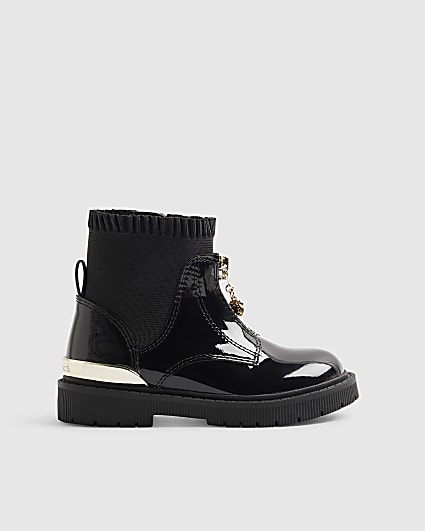 Mini Girls Black Frill Zip Front Boots