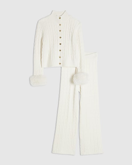 Girls Cream Fur Cuff Cable Knit Cardigan Set