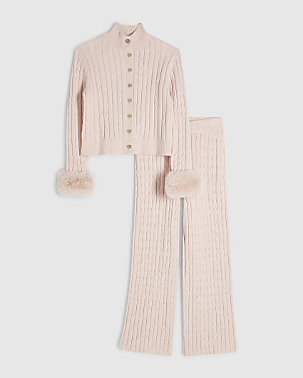 Girls Pink Fur Cuff Cable Knit Cardigan Set