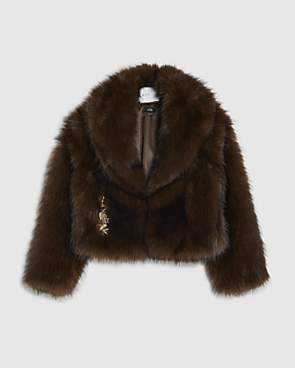 Girls Brown Short Faux Fur Coat