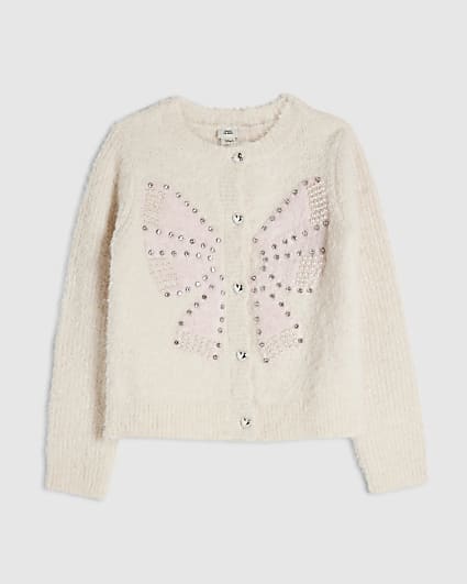 Girls Cream 3D Bow Embellished Cardigan