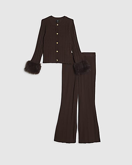 Girls Brown Fur Cuff Textured Cardigan Set
