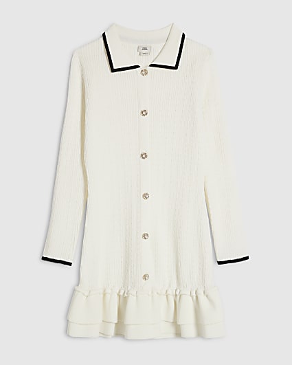 Girls Cream Knit Long Sleeve Martini Dress