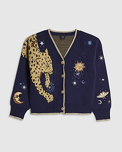 Girls Navy Leopard Cardigan