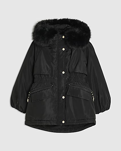 Girls Black Fur Hood Parka Coat