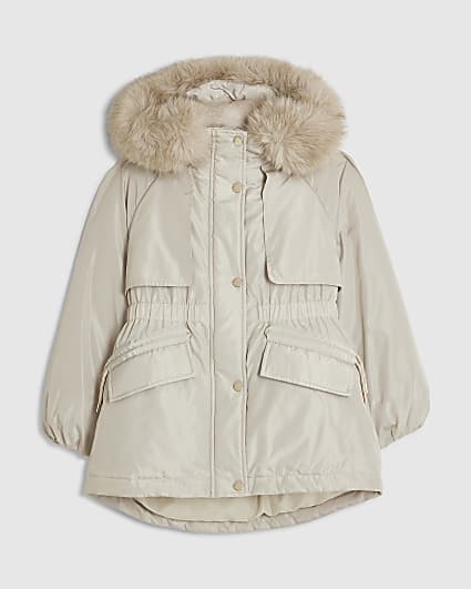 Girls Beige Fur Hood Parka Coat