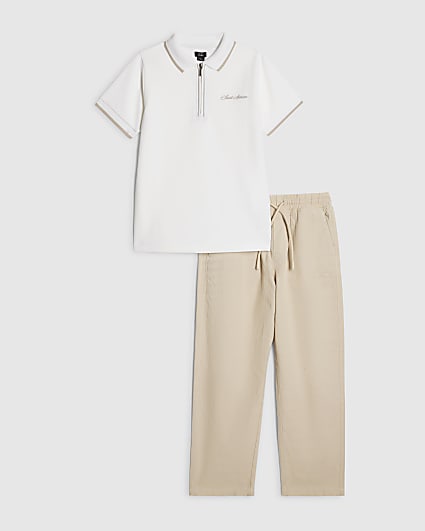 Boys White Textured Polo Shirt Set
