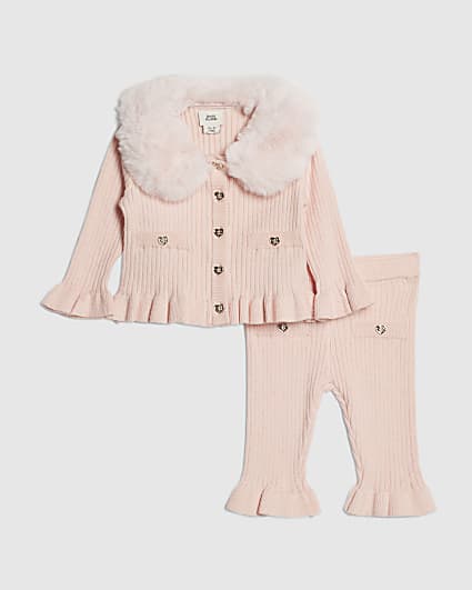 Baby Girls Pink Fur Collar Peplum Top Set
