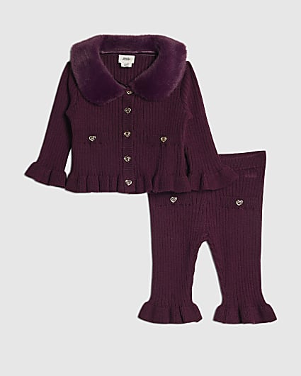 Baby Girls Purple Fur Collar Peplum Top Set