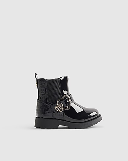 Mini Girls Black Heart Buckle Boots
