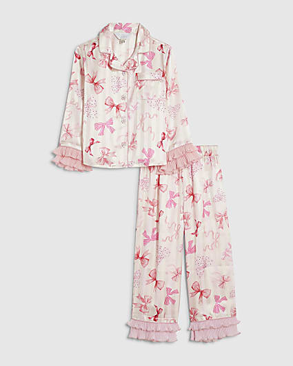 Mini Girls Pink Satin Bow Print Pyjamas Set