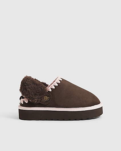 Girls Brown Faux Fur Lined Slippers