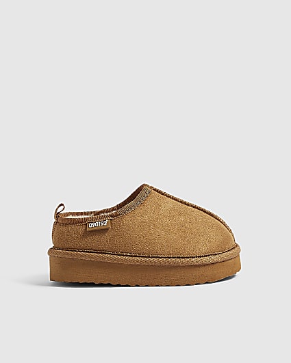 Mini Boys Brown Fur Lined Slippers