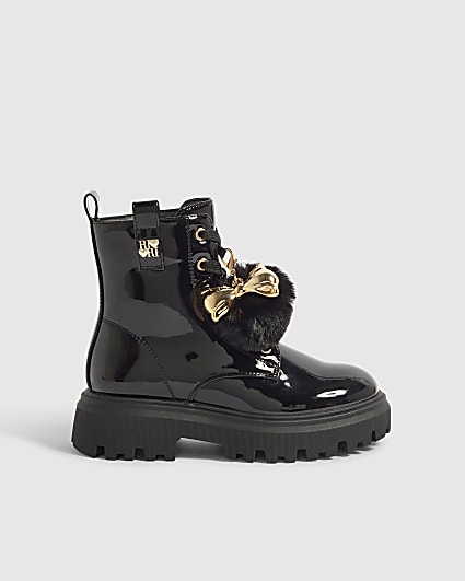 Girls Black Side Zip Pom Lace Up Boots