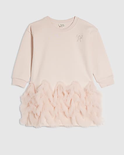 Mini Girls Pink Tulle Hem Sweatshirt Dress