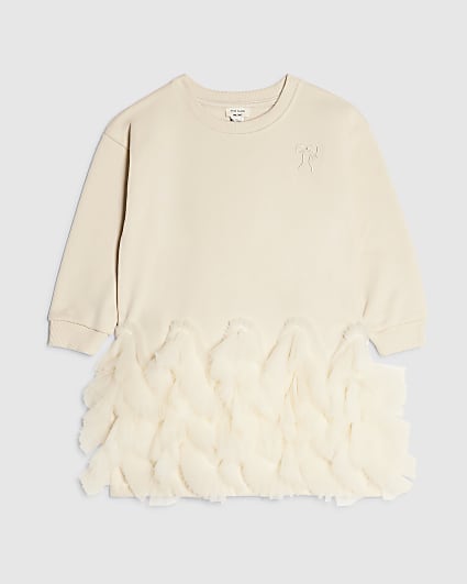 Mini Girls Cream Tulle Hem Sweatshirt Dress