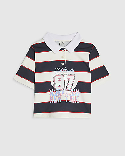 Girls Navy Diamante 97 Stripe Polo Top