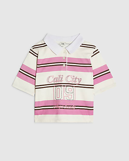 Girls Pink Diamante 97 Stripe Polo Top