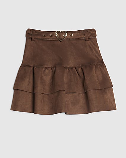 Girls Brown Faux Suede Tiered Skirt