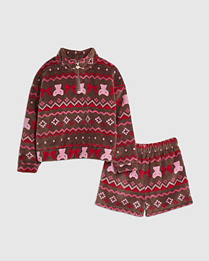 Girls Brown Fairisle Print Loungewear Set