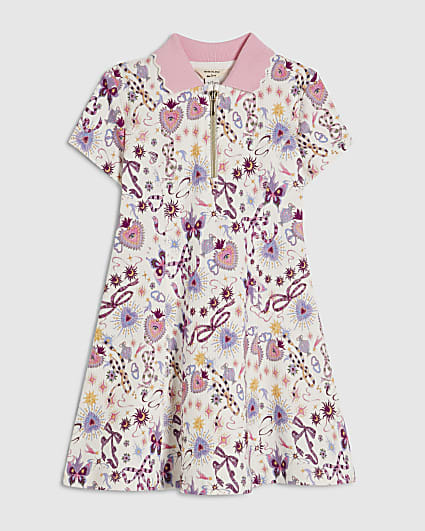 Mini Girls Cream Bow Print Polo Dress