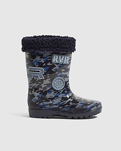 Boys Navy Camouflage Badge Wellies