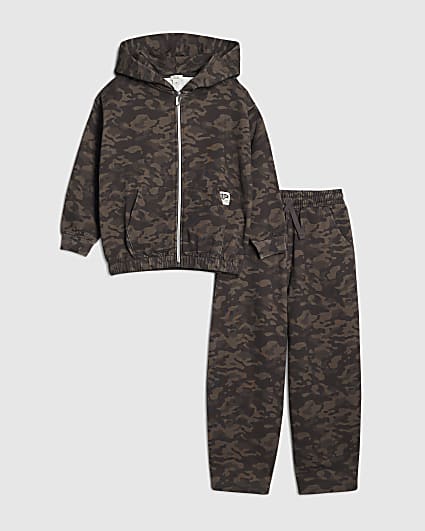 Boys Khaki Zip Through Camouflage Hoodie Set