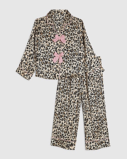 Mini Girls Brown Leopard Bow Satin Pyjama Set