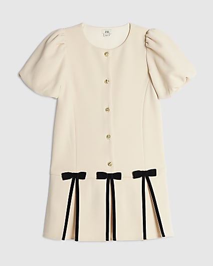 Girls Cream Pleated Bow Hem Dress