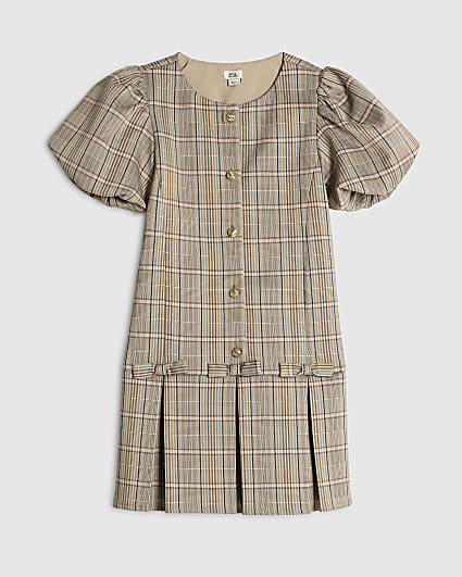 Girls Brown Check Pleated Bow Hem Dress
