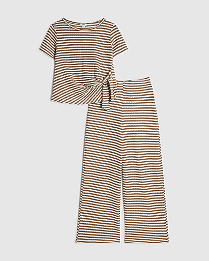 Girls Brown Striped Knot Front T-Shirt Set