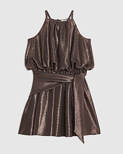 Girls Brown Halter Neck Metallic Skater Dress