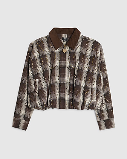 Girls Brown Check Stud Jacket